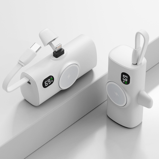 Power Bank Tascabile a Forma di Capsula | Wireless con Ricarica Magnetica | Compatibile con Smartwatch | Con Cavo Integrato | Porta Type-C | Design Ultra Compatto| 5000mAh - PT01