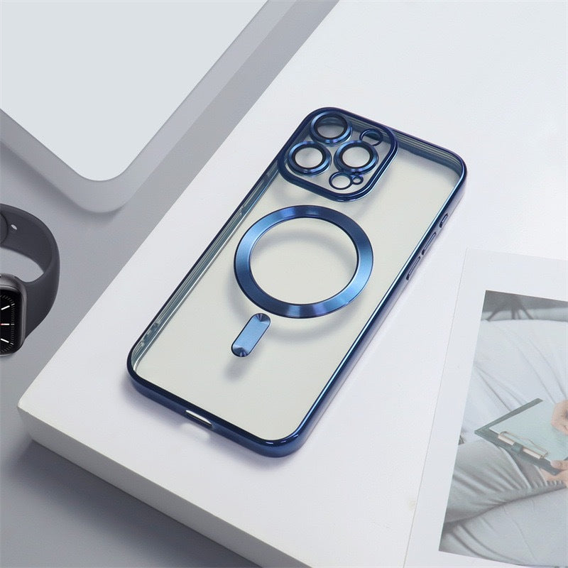 Cover per iPhone trasparente opaca con bordi colorati, compatibile con MagSafe e con protezione fotocamera - 6021