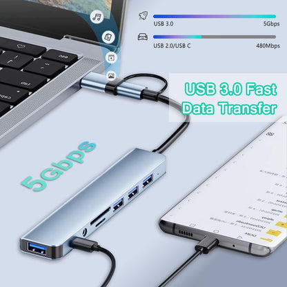Hub USB C 8 in 1 Adattatore Type-C Multiporta con USB 3.0, USB 2.0, Lettore SD/TF e Jack Audio 3.5mm per Laptop e Tablet - HUB-8+1