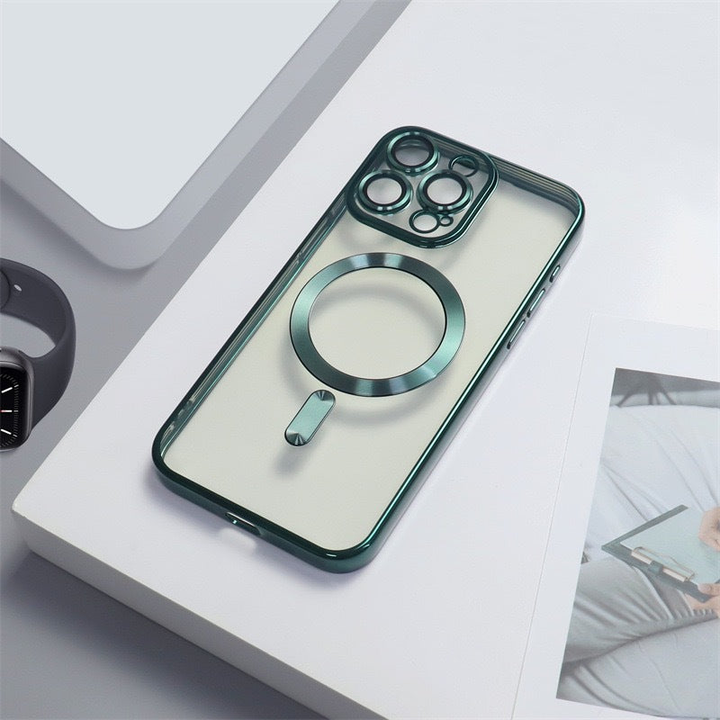 Cover per iPhone trasparente opaca con bordi colorati, compatibile con MagSafe e con protezione fotocamera - 6021
