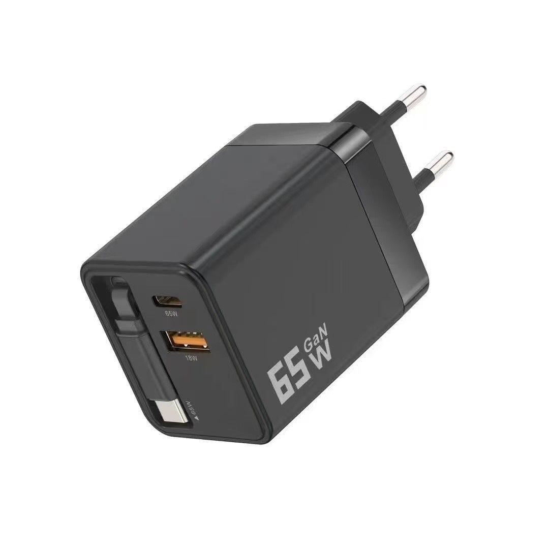Caricatore GaN 40W/65W con Cavo Retrattile 80cm – Doppia Porta USB-A + USB-C – Ricarica Veloce Compatta | Mod. ZCD
