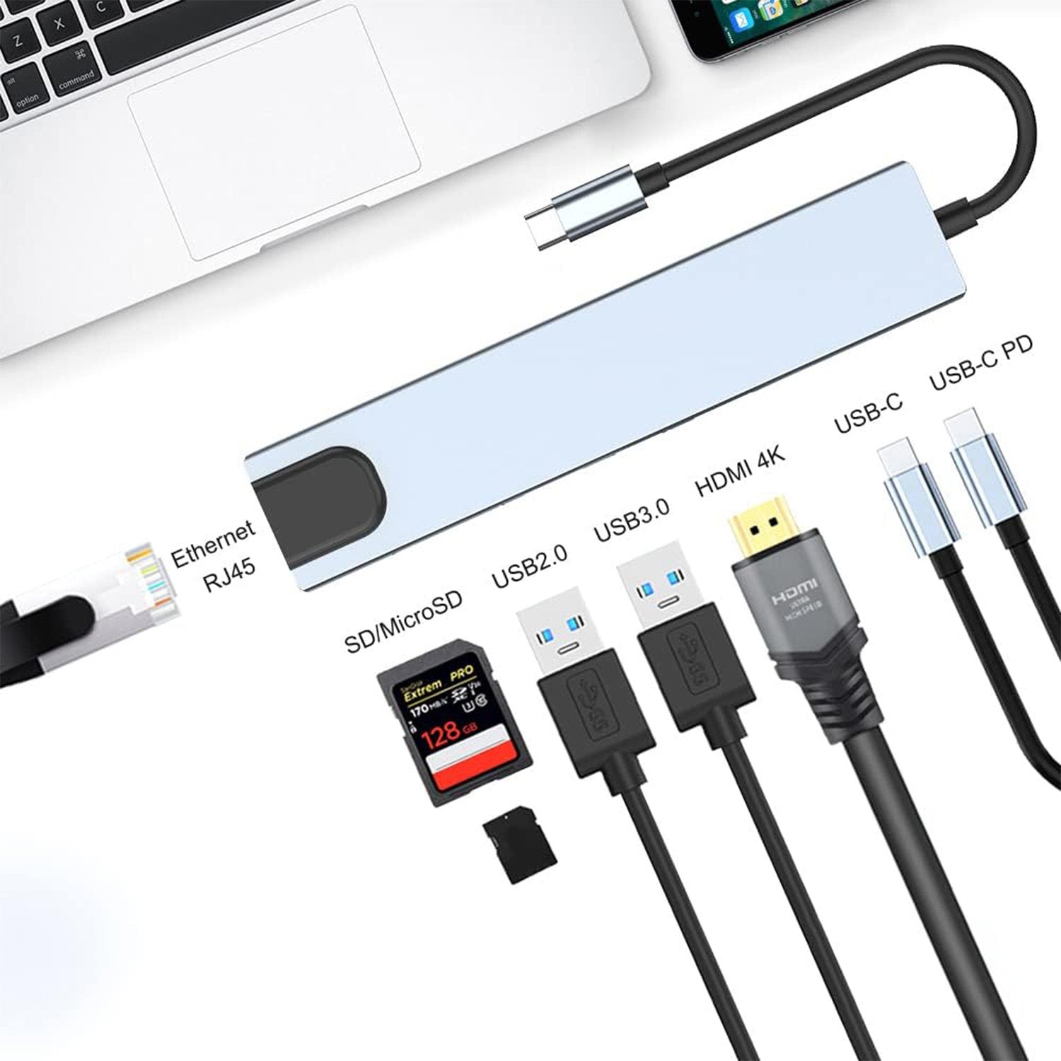 Hub USB-C 8 in 1 con HDMI 4K, Ethernet RJ45, PD 87W, USB 3.0, Lettore SD/TF – Adattatore Multiporta Type-C  HUB-8+1 4K