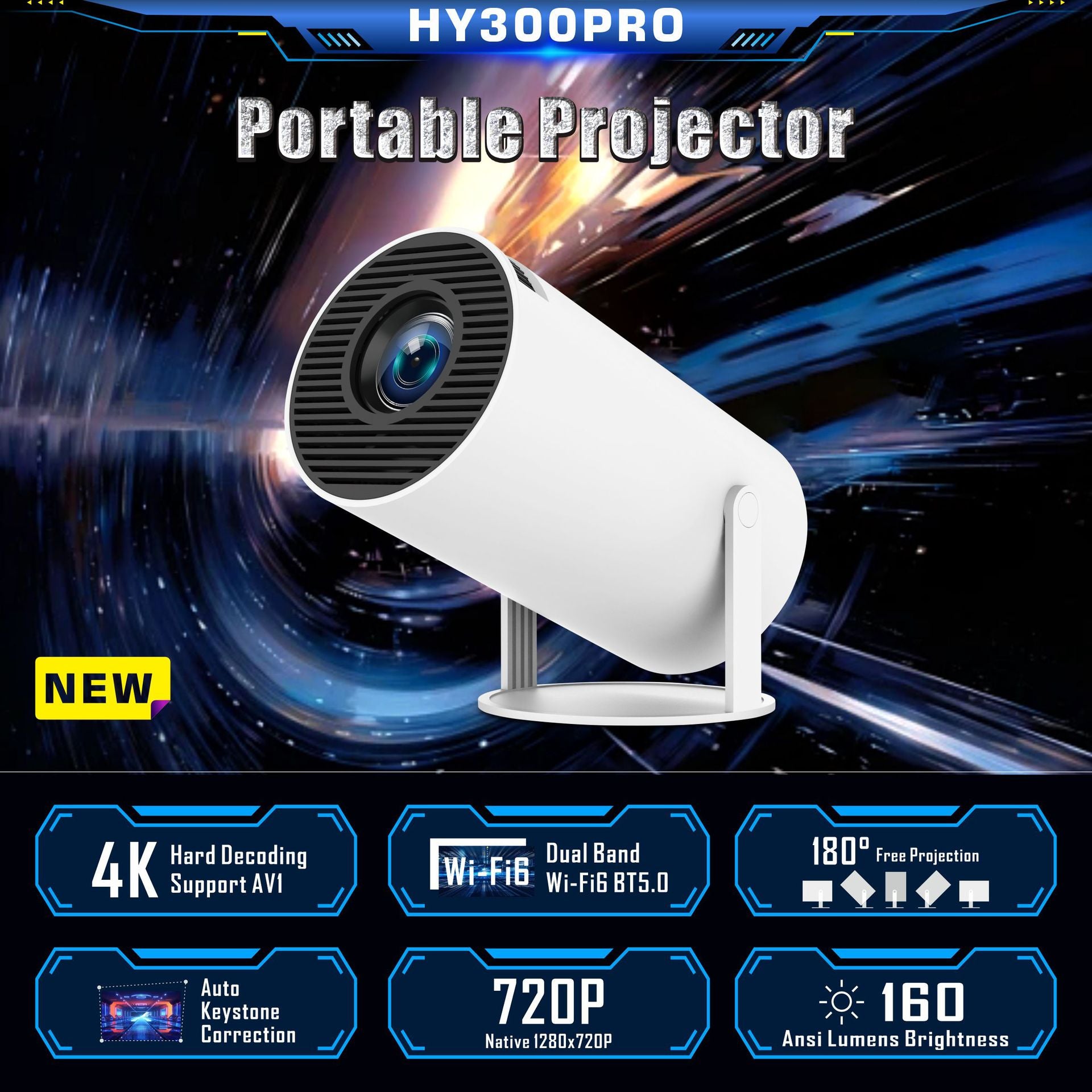 HY300PRO New | Mini proiettore portatile 4K | Android integrato | Proiezione wireless | Home cinema compatto
