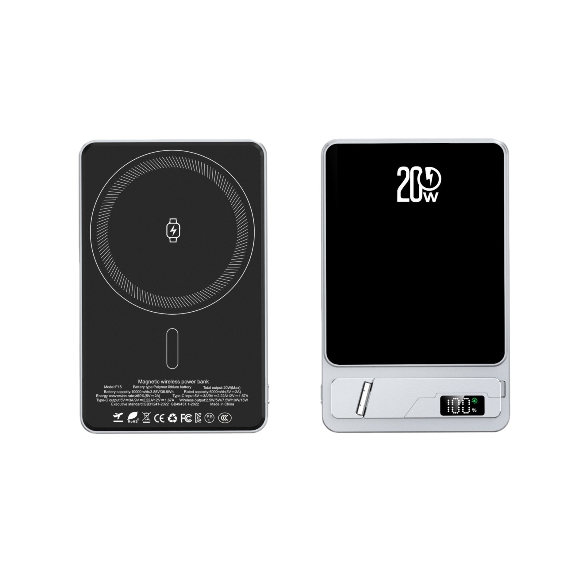 Power Bank MagSafe super sottile 3 in 1 | Ricarica rapida 20W PD + Wireless 15W | 5000mAh ultraleggero in alluminio con supporto – F15-5K