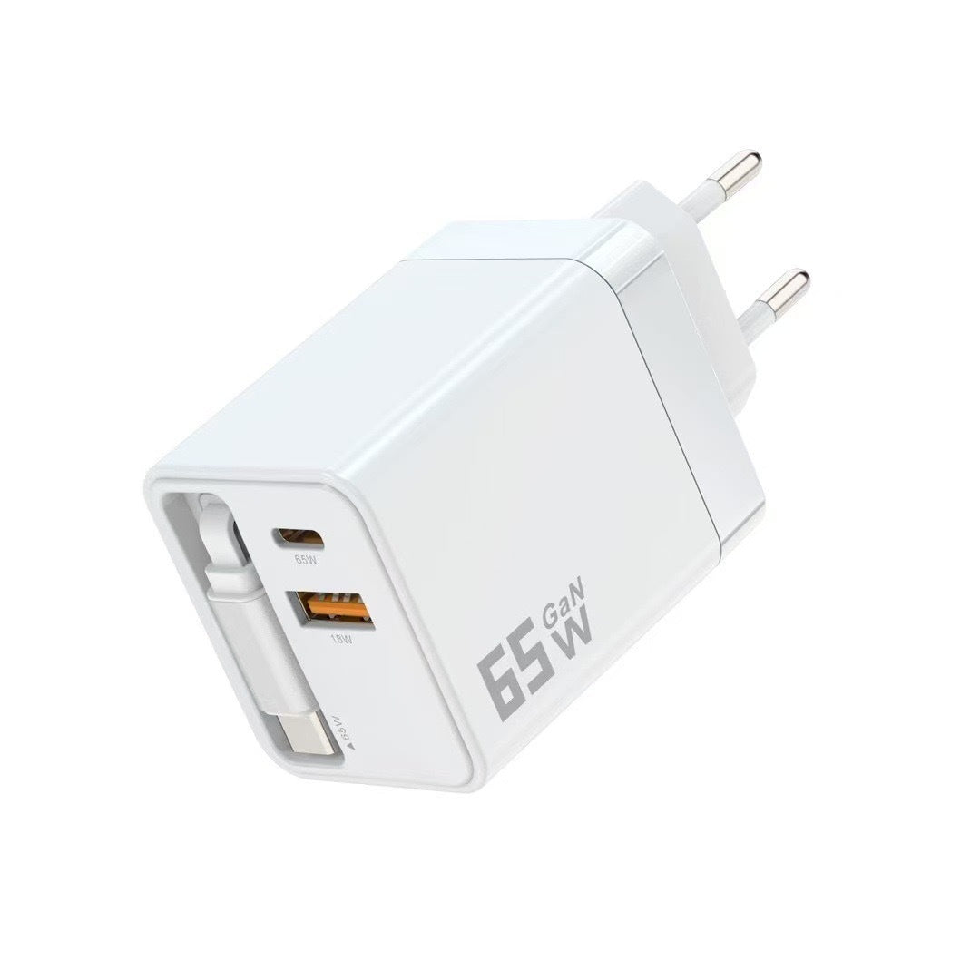 Caricatore GaN 40W/65W con Cavo Retrattile 80cm – Doppia Porta USB-A + USB-C – Ricarica Veloce Compatta | Mod. ZCD