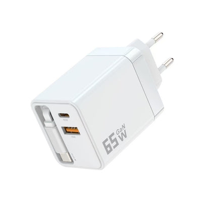 Caricatore GaN 40W/65W con Cavo Retrattile 80cm – Doppia Porta USB-A + USB-C – Ricarica Veloce Compatta | Mod. ZCD