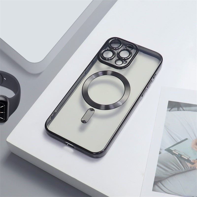 Cover per iPhone trasparente opaca con bordi colorati, compatibile con MagSafe e con protezione fotocamera - 6021
