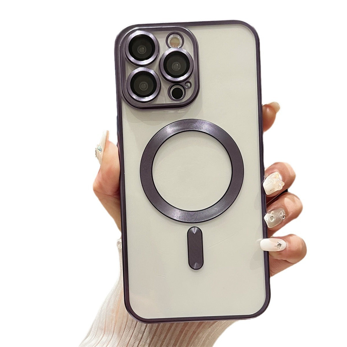 Cover per iPhone trasparente opaca con bordi colorati, compatibile con MagSafe e con protezione fotocamera - 6021