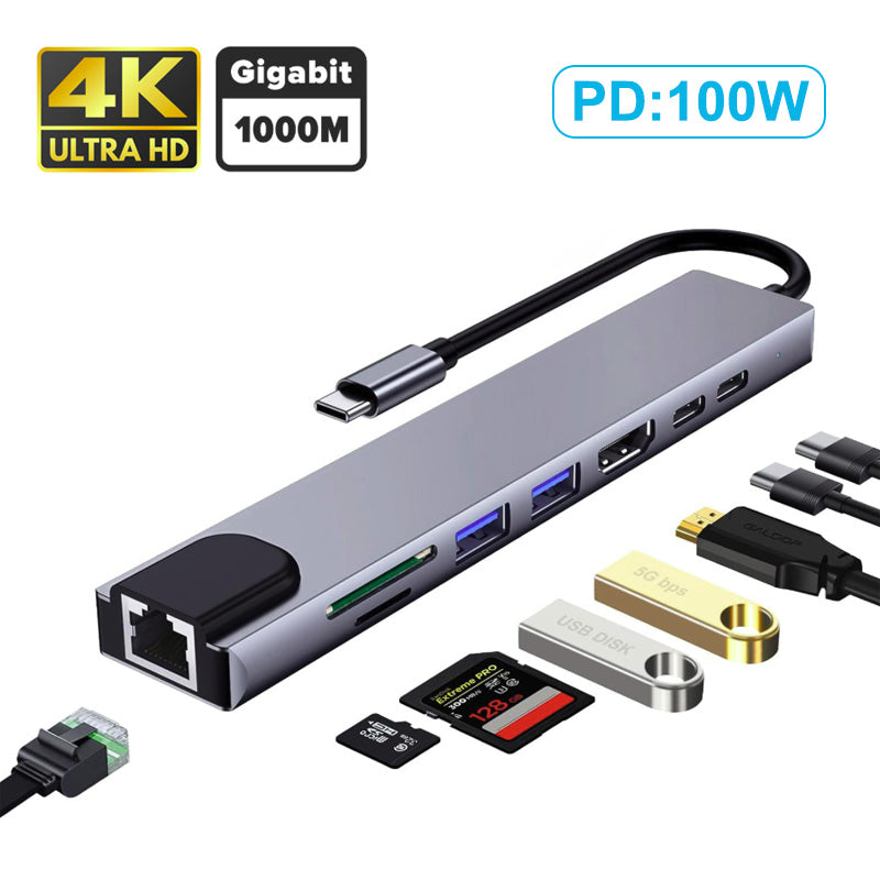 Hub USB-C 8 in 1 con HDMI 4K, Ethernet RJ45, PD 87W, USB 3.0, Lettore SD/TF – Adattatore Multiporta Type-C  HUB-8+1 4K
