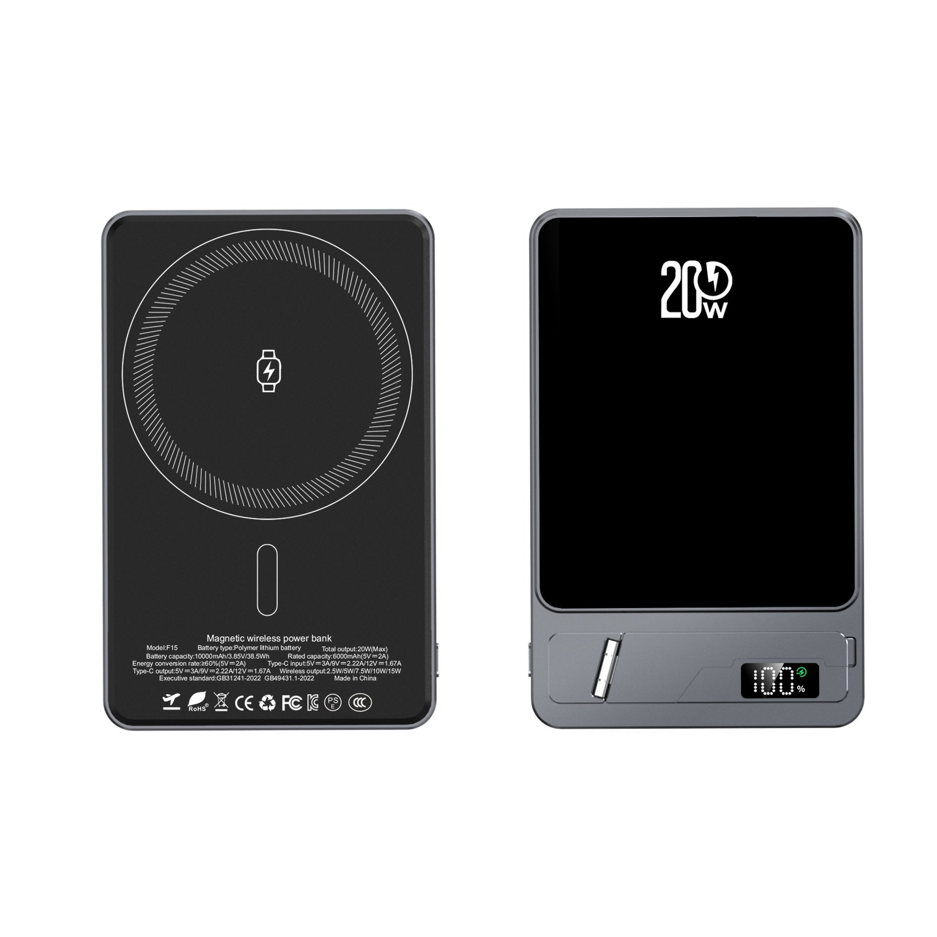 Power Bank MagSafe super sottile 3 in 1 | Ricarica rapida 20W PD + Wireless 15W | 5000mAh ultraleggero in alluminio con supporto – F15-5K