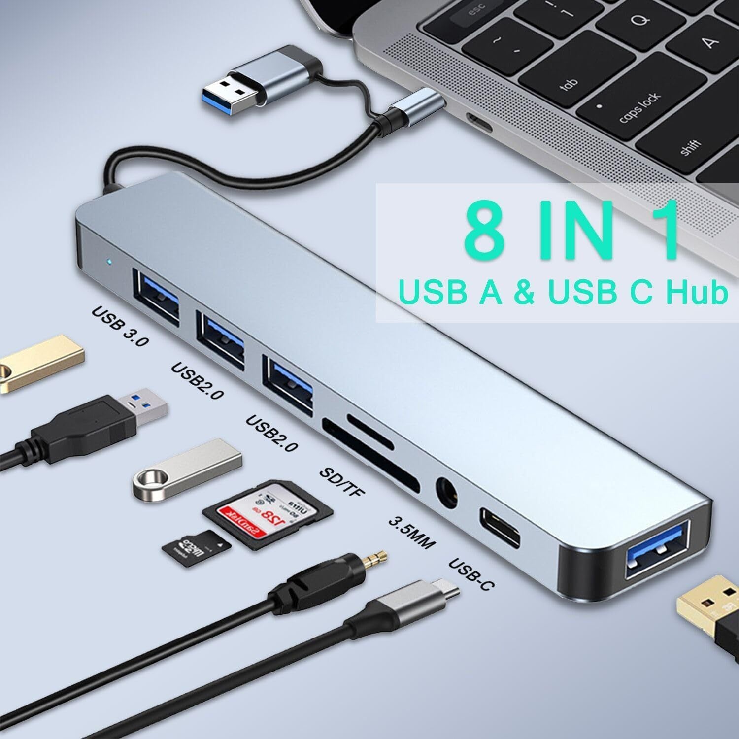 Hub USB C 8 in 1 Adattatore Type-C Multiporta con USB 3.0, USB 2.0, Lettore SD/TF e Jack Audio 3.5mm per Laptop e Tablet - HUB-8+1
