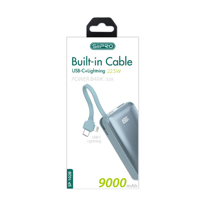 Power Bank 9000 mAh - cavo integrato (Type-C e Lightning) - ricarica veloce 22.5W (5V/9V/12V) - porte uscita Usb-A e Type C - SP-102