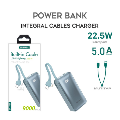 Power Bank 9000 mAh - cavo integrato (Type-C e Lightning) - ricarica veloce 22.5W (5V/9V/12V) - porte uscita Usb-A e Type C - SP-102