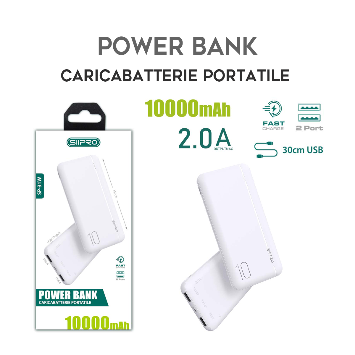 Power Bank da 10000 mAh 10W - 2 USB-A - cavo 3 in 1 incluso - SP-31