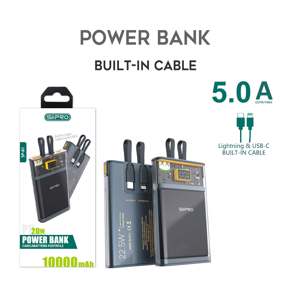 Power Bank 10.000 mAh - Design trasparente tecnologico - ricarica veloce 20W (5V/9V/12V) – Cavi integrati Type-C & Lightning - Uscite USB-A e Type-C  – Display a led  - SP-81