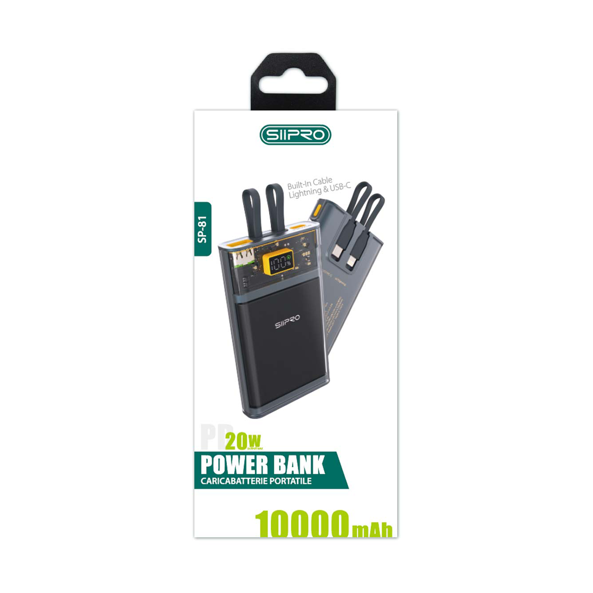Power Bank 10.000 mAh - Design trasparente tecnologico - ricarica veloce 20W (5V/9V/12V) – Cavi integrati Type-C & Lightning - Uscite USB-A e Type-C  – Display a led  - SP-81