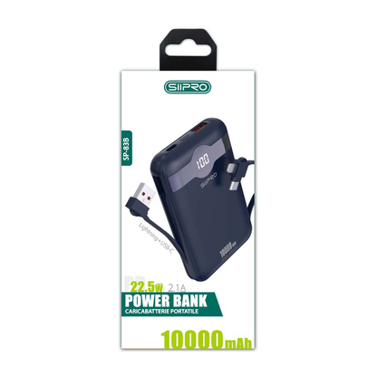 Power Bank 10.000 mAh – ricarica veloce 22.5W (5V/9V/12V) – Uscite USB-A e Type-C – Cavo integrato Type-C & Lightning – Display LED - SP-83