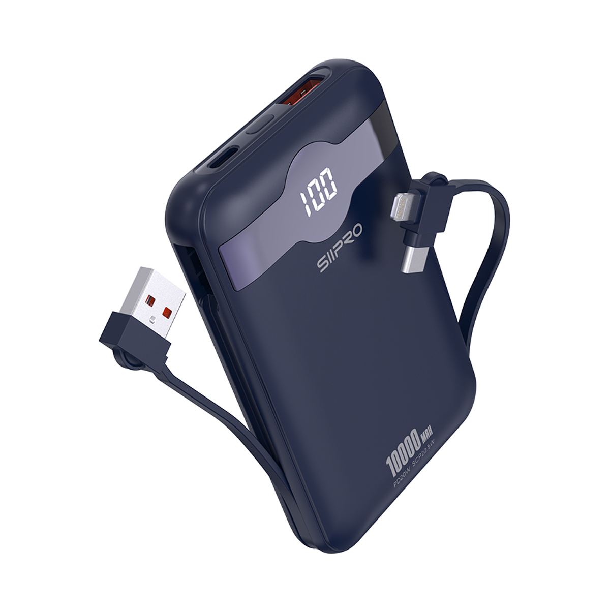 Power Bank 10.000 mAh – ricarica veloce 22.5W (5V/9V/12V) – Uscite USB-A e Type-C – Cavo integrato Type-C & Lightning – Display LED - SP-83