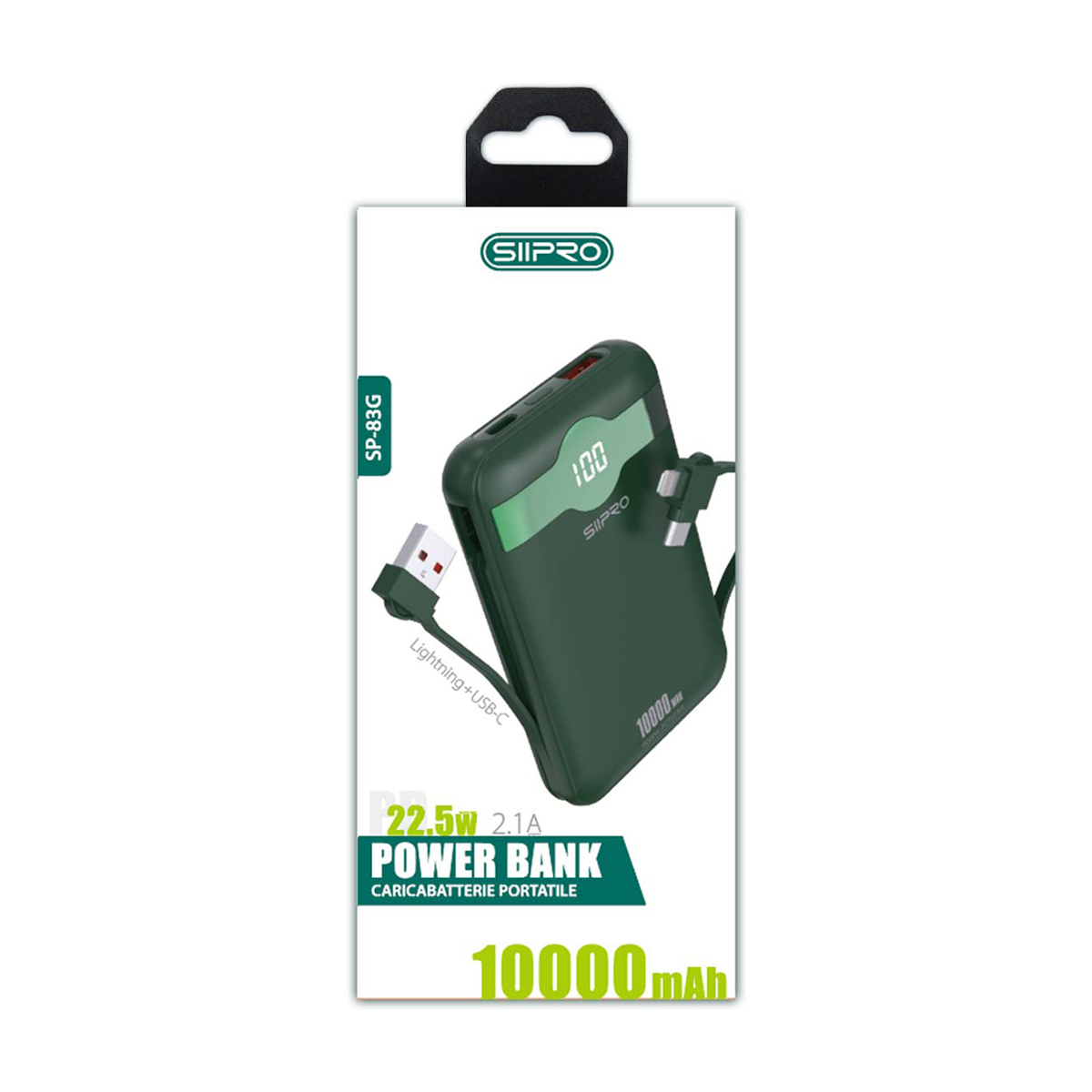 Power Bank 10.000 mAh – ricarica veloce 22.5W (5V/9V/12V) – Uscite USB-A e Type-C – Cavo integrato Type-C & Lightning – Display LED - SP-83