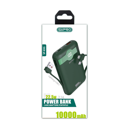 Power Bank 10.000 mAh – ricarica veloce 22.5W (5V/9V/12V) – Uscite USB-A e Type-C – Cavo integrato Type-C & Lightning – Display LED - SP-83