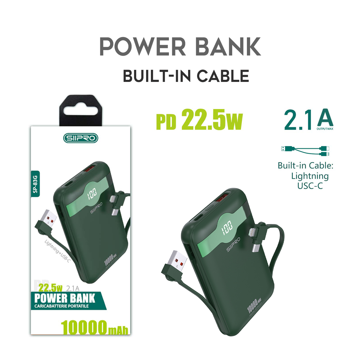 Power Bank 10.000 mAh – ricarica veloce 22.5W (5V/9V/12V) – Uscite USB-A e Type-C – Cavo integrato Type-C & Lightning – Display LED - SP-83