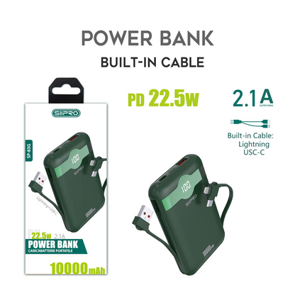 Power Bank 10.000 mAh – ricarica veloce 22.5W (5V/9V/12V) – Uscite USB-A e Type-C – Cavo integrato Type-C & Lightning – Display LED - SP-83