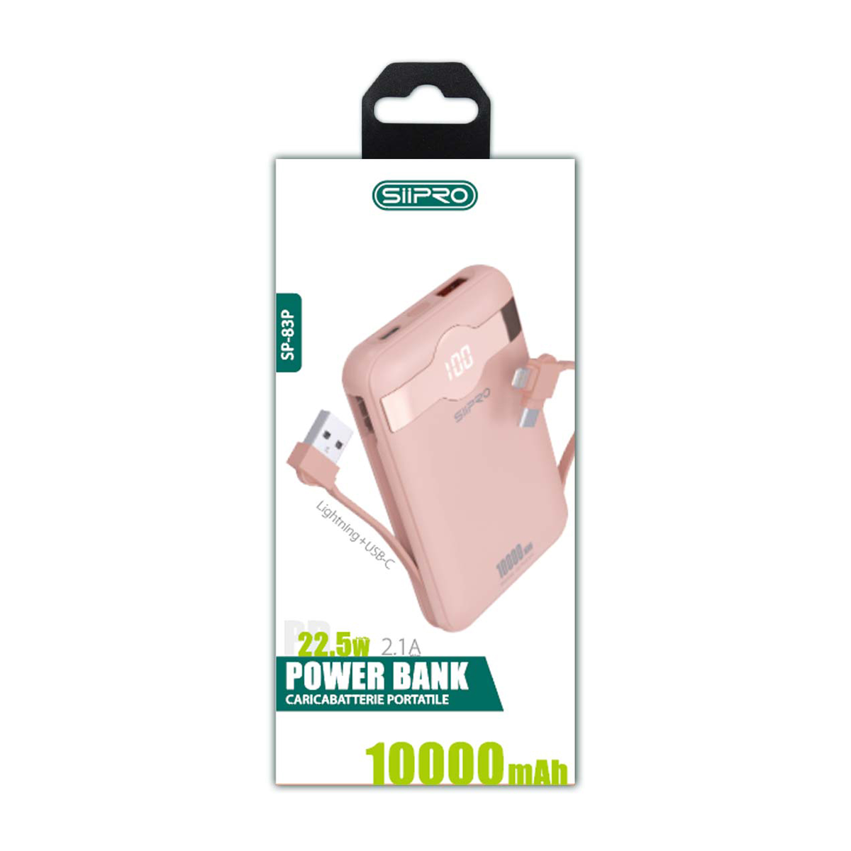 Power Bank 10.000 mAh – ricarica veloce 22.5W (5V/9V/12V) – Uscite USB-A e Type-C – Cavo integrato Type-C & Lightning – Display LED - SP-83