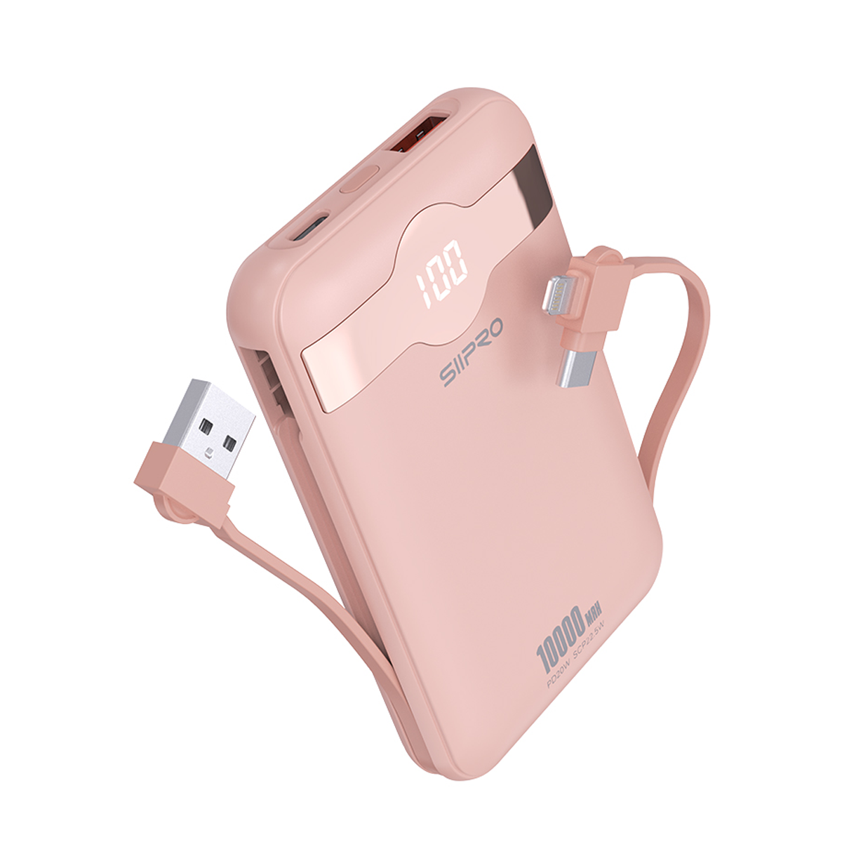 Power Bank 10.000 mAh – ricarica veloce 22.5W (5V/9V/12V) – Uscite USB-A e Type-C – Cavo integrato Type-C & Lightning – Display LED - SP-83