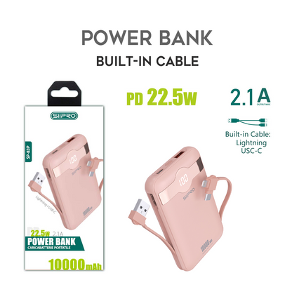 Power Bank 10.000 mAh – ricarica veloce 22.5W (5V/9V/12V) – Uscite USB-A e Type-C – Cavo integrato Type-C & Lightning – Display LED - SP-83