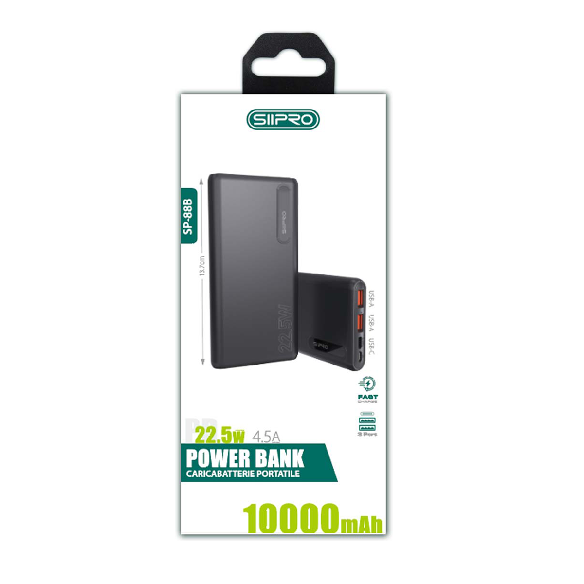 Power Bank 10.000 mAh – ricarica veloce 22.5W (5V/9V/12V) - Uscite 2 USB-A e Type-C – cavo 3 in 1 incluso - SP-88