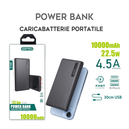 Power Bank 10.000 mAh – ricarica veloce 22.5W (5V/9V/12V) - Uscite 2 USB-A e Type-C – cavo 3 in 1 incluso - SP-88