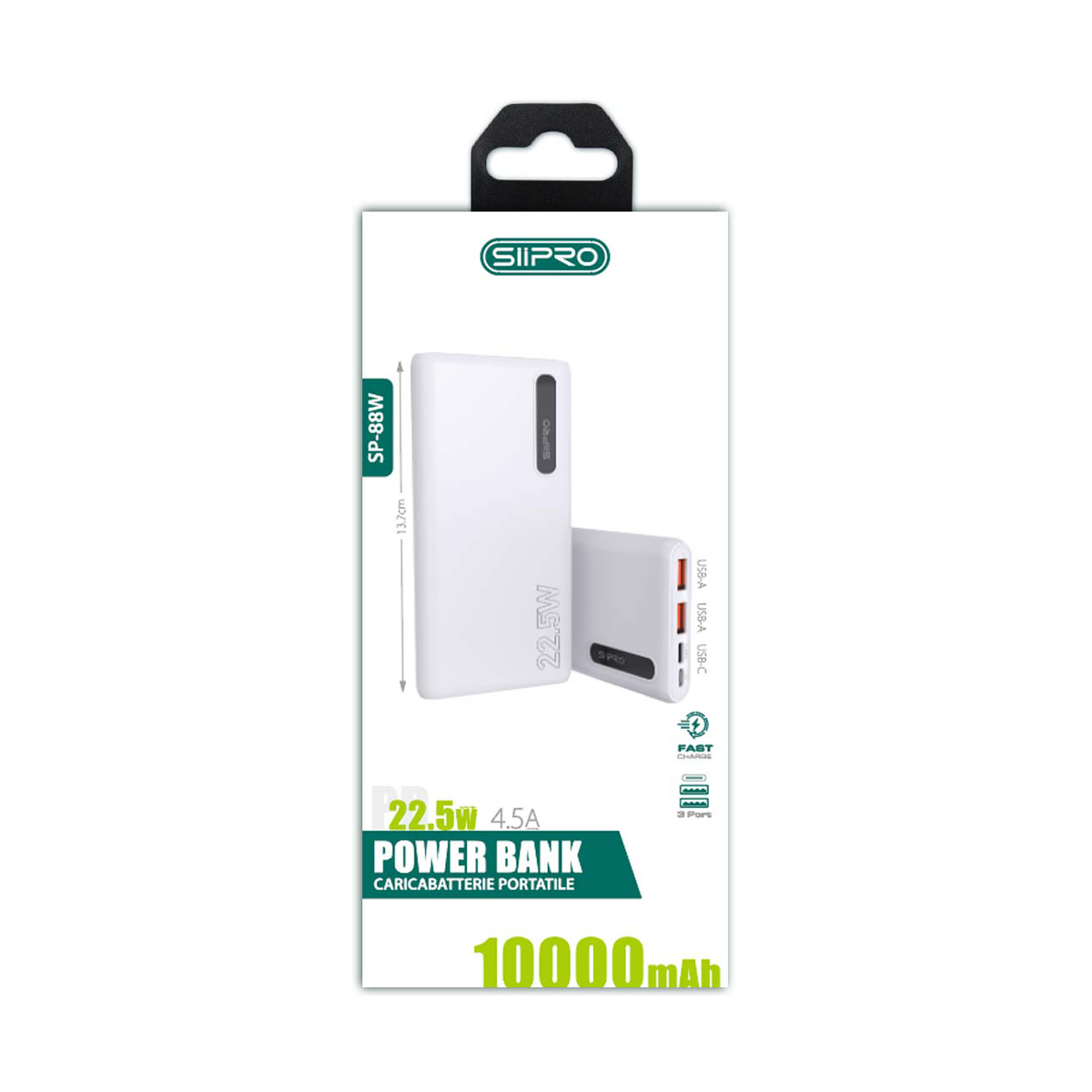 Power Bank 10.000 mAh – ricarica veloce 22.5W (5V/9V/12V) - Uscite 2 USB-A e Type-C – cavo 3 in 1 incluso - SP-88