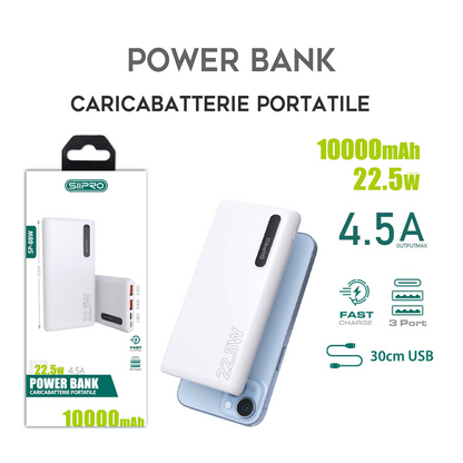 Power Bank 10.000 mAh – ricarica veloce 22.5W (5V/9V/12V) - Uscite 2 USB-A e Type-C – cavo 3 in 1 incluso - SP-88