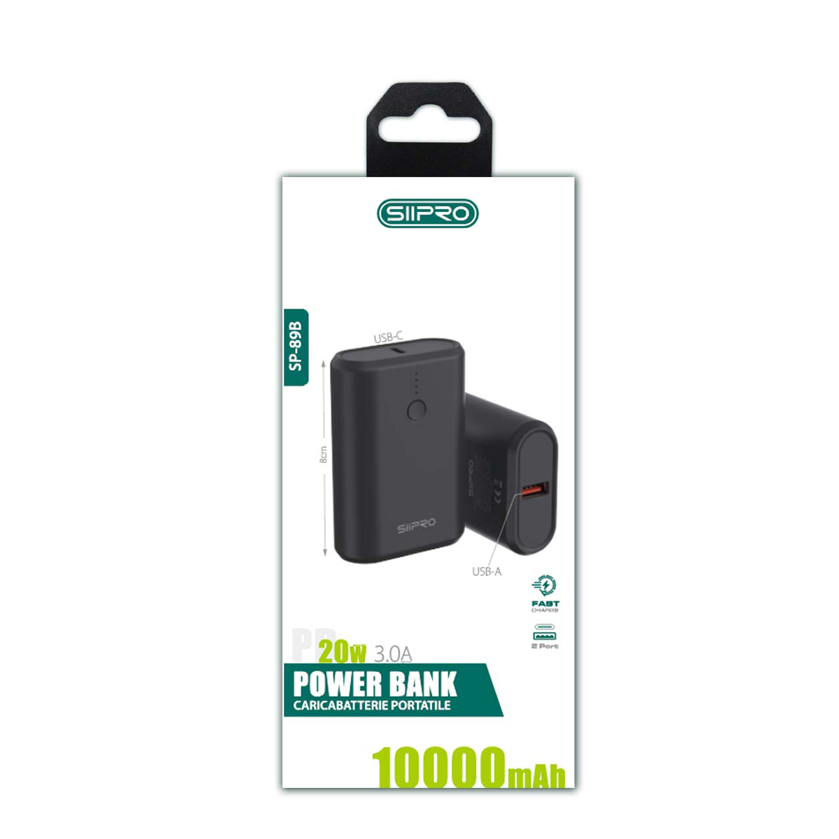 Power Bank da 10000 mAh - ricarica veloce 20W (5V/9V/12V) - uscite Type-C e Usb-A - cavo 3 in 1 incluso - SP-89