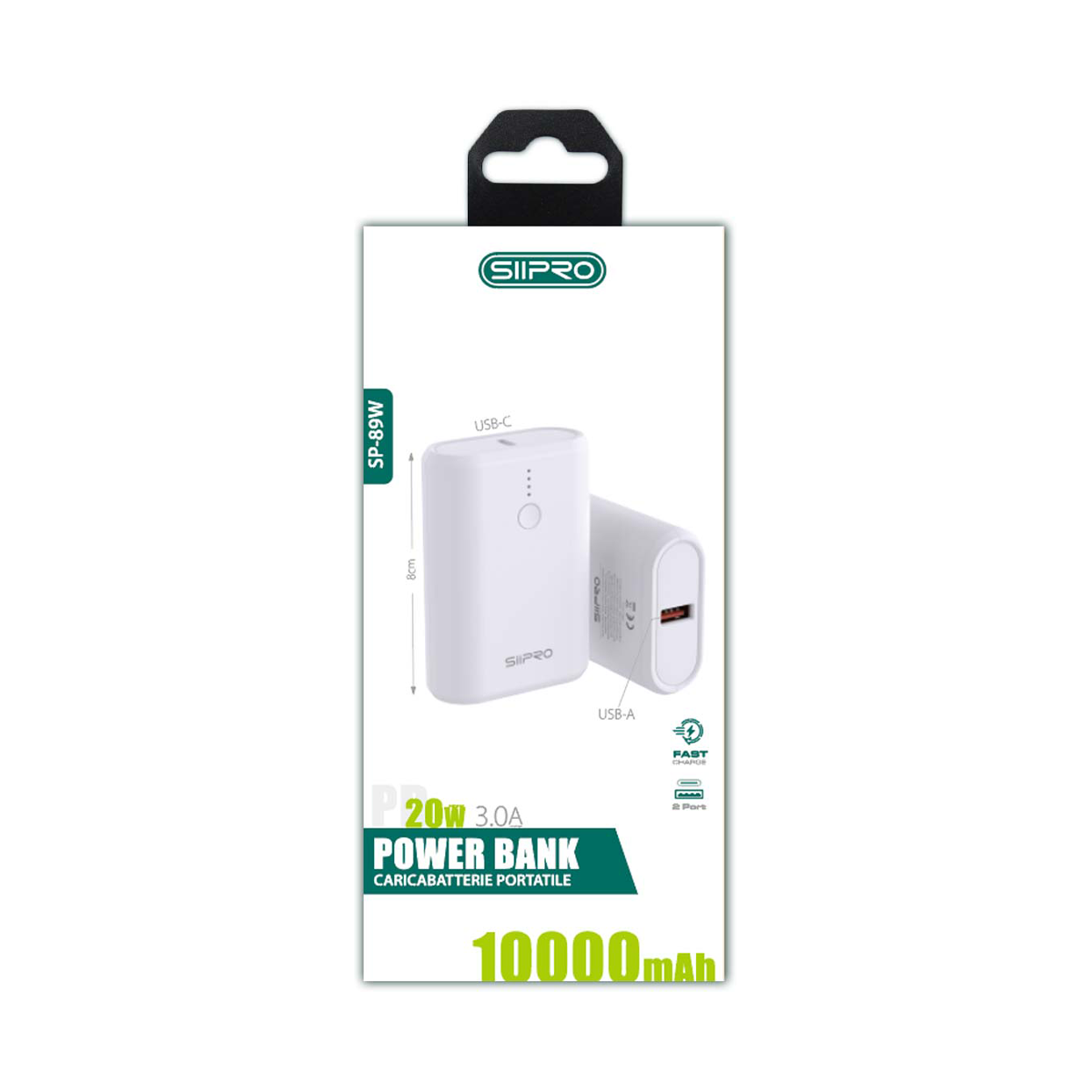 Power Bank da 10000 mAh - ricarica veloce 20W (5V/9V/12V) - uscite Type-C e Usb-A - cavo 3 in 1 incluso - SP-89