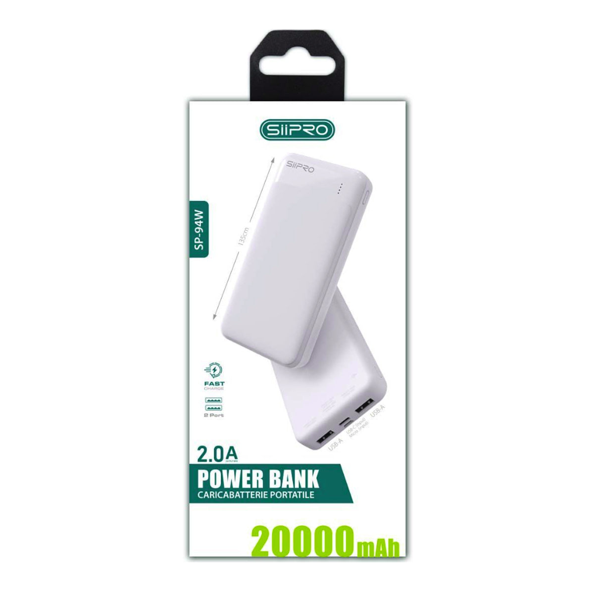 Power Bank da 20000 mAh 10W - 2 USB-A - cavo 3 in 1 incluso - SP-94