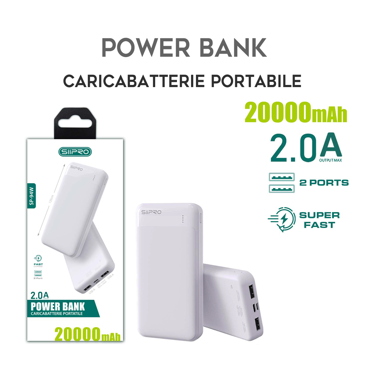 Power Bank da 20000 mAh 10W - 2 USB-A - cavo 3 in 1 incluso - SP-94