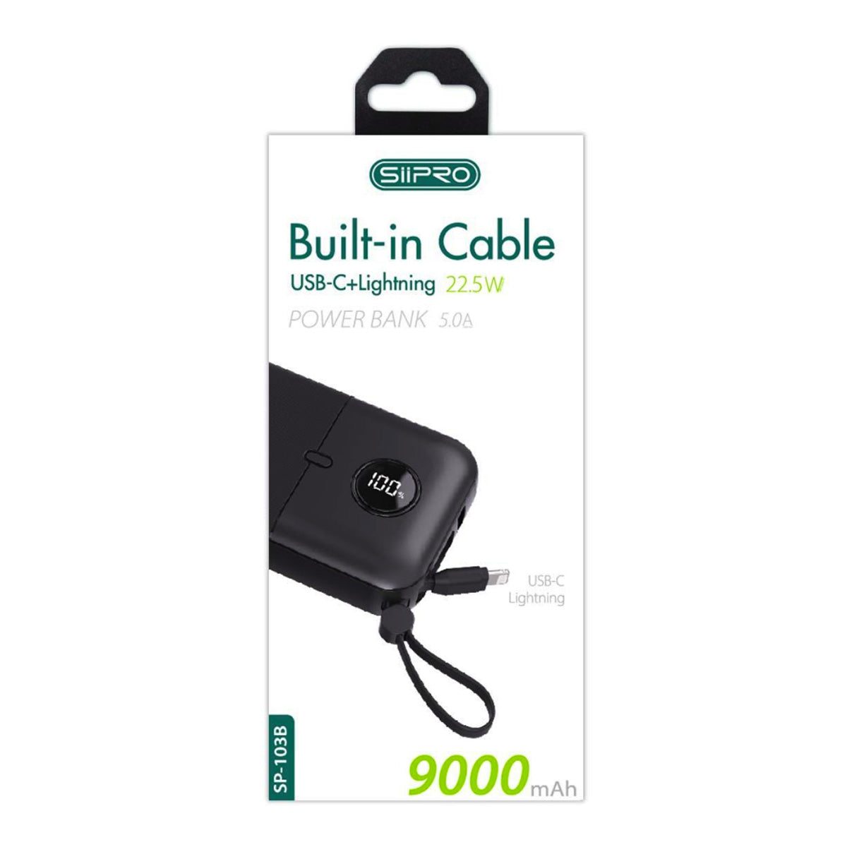 Power Bank 9000 mAh – dotato di 2 porte di uscita e 2 cavi integrati (Type-C e Lightning) – ricarica veloce 22.5W (5V/9V/12V) - SP-103