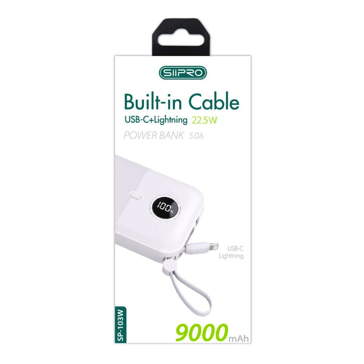 Power Bank 9000 mAh – dotato di 2 porte di uscita e 2 cavi integrati (Type-C e Lightning) – ricarica veloce 22.5W (5V/9V/12V) - SP-103