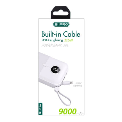 Power Bank 9000 mAh – dotato di 2 porte di uscita e 2 cavi integrati (Type-C e Lightning) – ricarica veloce 22.5W (5V/9V/12V) - SP-103