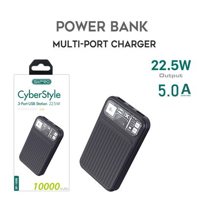 Power Bank 10.000 mAh – ricarica veloce 22.5W (5V/9V/12V) - Uscite USB-A e 2 Type-C – Display a led - Design elegante e tecnologico - SP-109