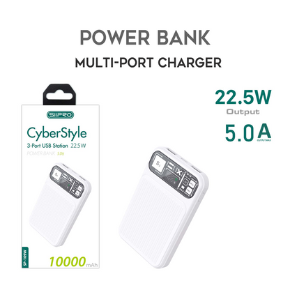 Power Bank 10.000 mAh – ricarica veloce 22.5W (5V/9V/12V) - Uscite USB-A e 2 Type-C – Display a led - Design elegante e tecnologico - SP-109