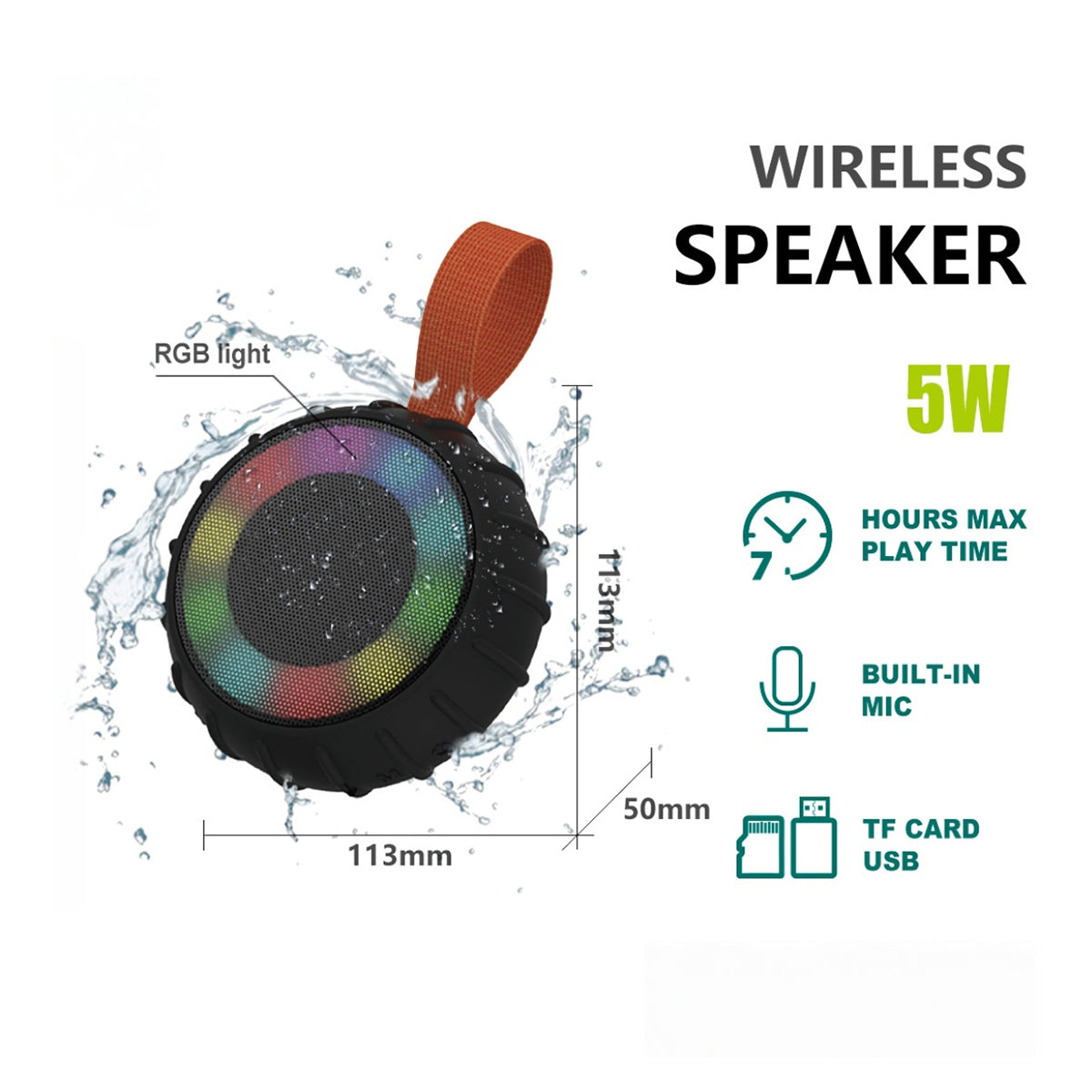 Altoparlante Wireless resistente all’acqua 5W – luci RGB – 7 ore di autonomia – TF card, USB, microfono – SS-104B