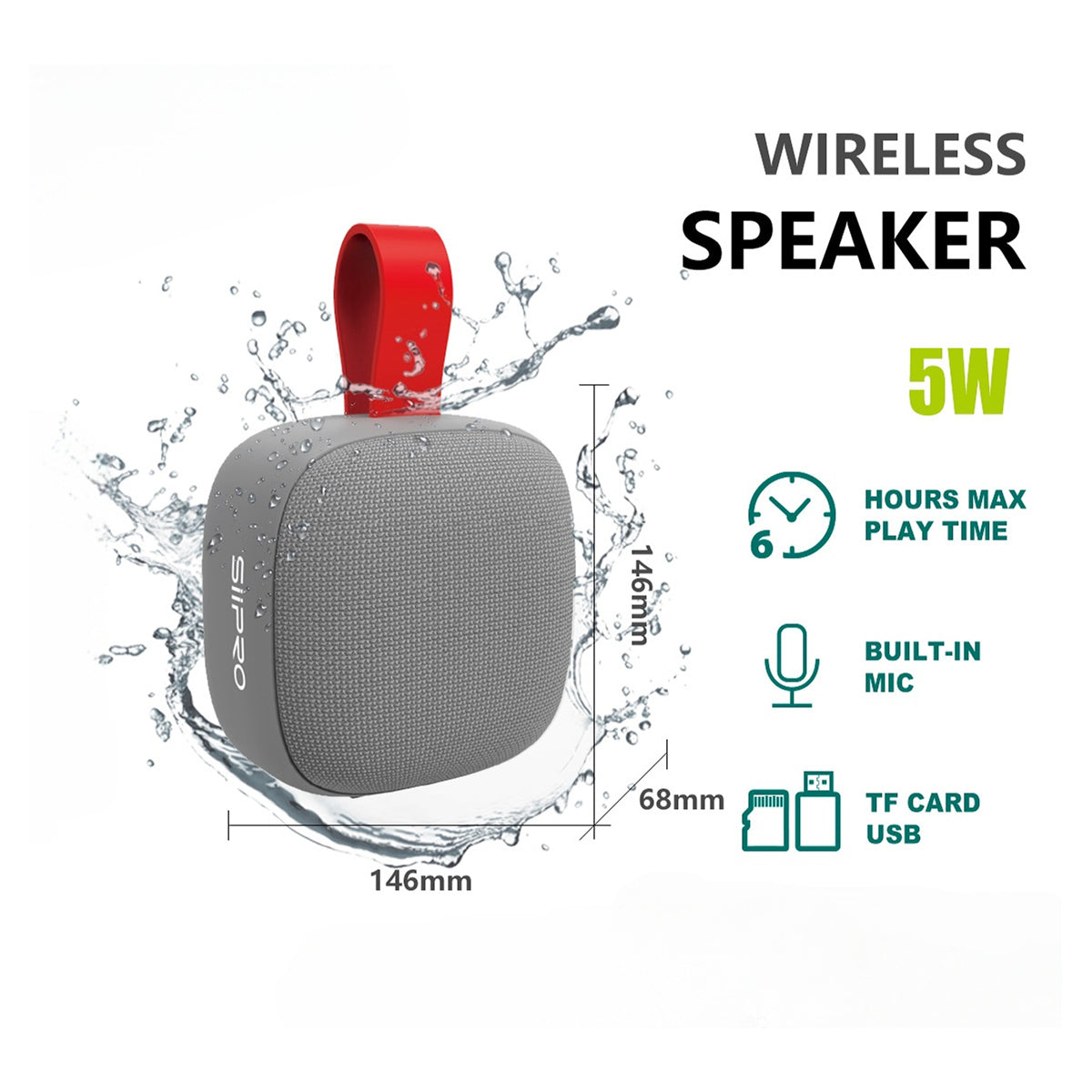 Altoparlante Wireless resistente all’acqua 5W – 6 ore di autonomia – portata 10-15m - TF card, USB, microfono – SS-105