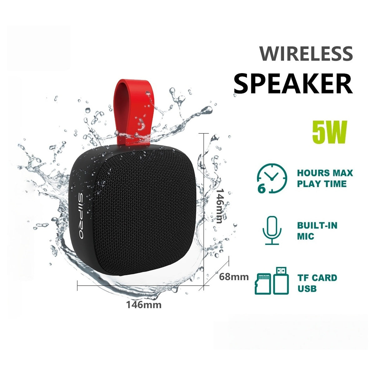 Altoparlante Wireless resistente all’acqua 5W – 6 ore di autonomia – portata 10-15m - TF card, USB, microfono – SS-105