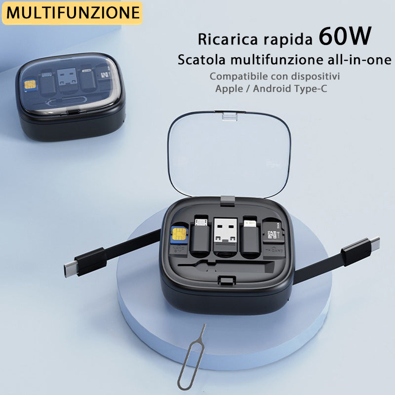 Cavo dati 6 in 1 retrattile multifunzione | Ricarica rapida 60W | Supporto per telefono integrato | Scatola organizer compatta - CV61
