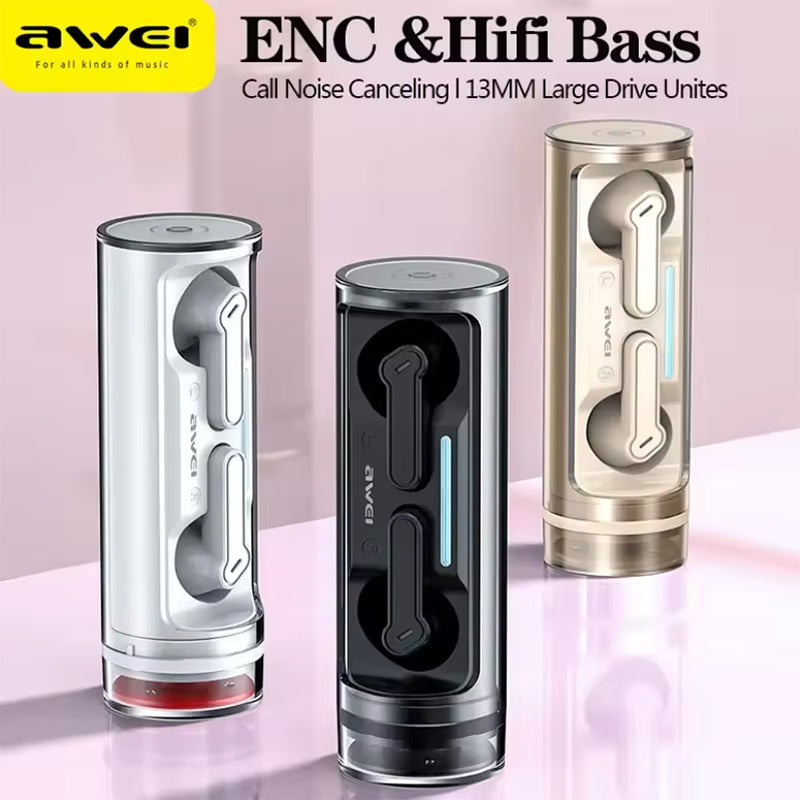 Auricolari Bluetooth | HiFi Bass Potente, Noise Cancelling, Design Trasparente Futuristico, V5.3 Wireless con Custodia Ricarica | T77-ENC