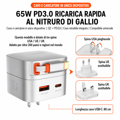 Caricatore GaN 65W PD 3.0 con Cavo USB-C Retrattile Integrato | USB-C + USB-A | Ricarica Rapida per Notebook, Smartphone e Tablet - Q10-65W
