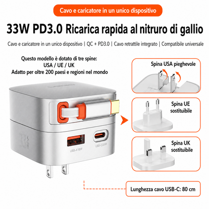Caricatore GaN 65W PD 3.0 con Cavo USB-C Retrattile Integrato | USB-C + USB-A | Ricarica Rapida per Notebook, Smartphone e Tablet - Q10-65W