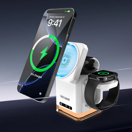 Caricabatterie Wireless 3 in 1 da 15W Pieghevole con Luce LED – iPhone, Apple Watch & AirPods - WX632